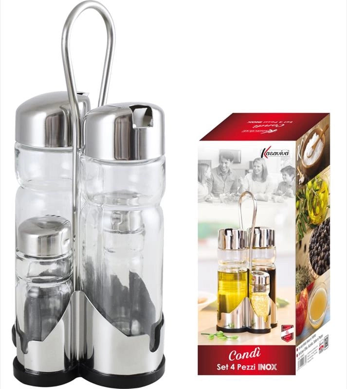 MAURY'S CONDÌ MENAGE DA TAVOLA RISTORANTE 4PZ INOX SALE PEPE OLIO ACETO CON VERSATORE