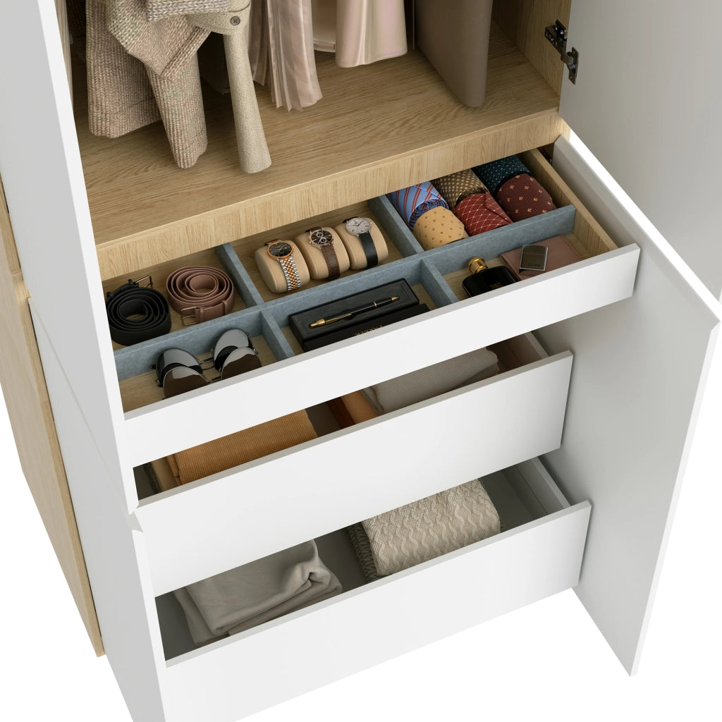 Armadio 6 ante con 2 appendiabiti e 5 cassetti in MDF e pannello truciolare bianco