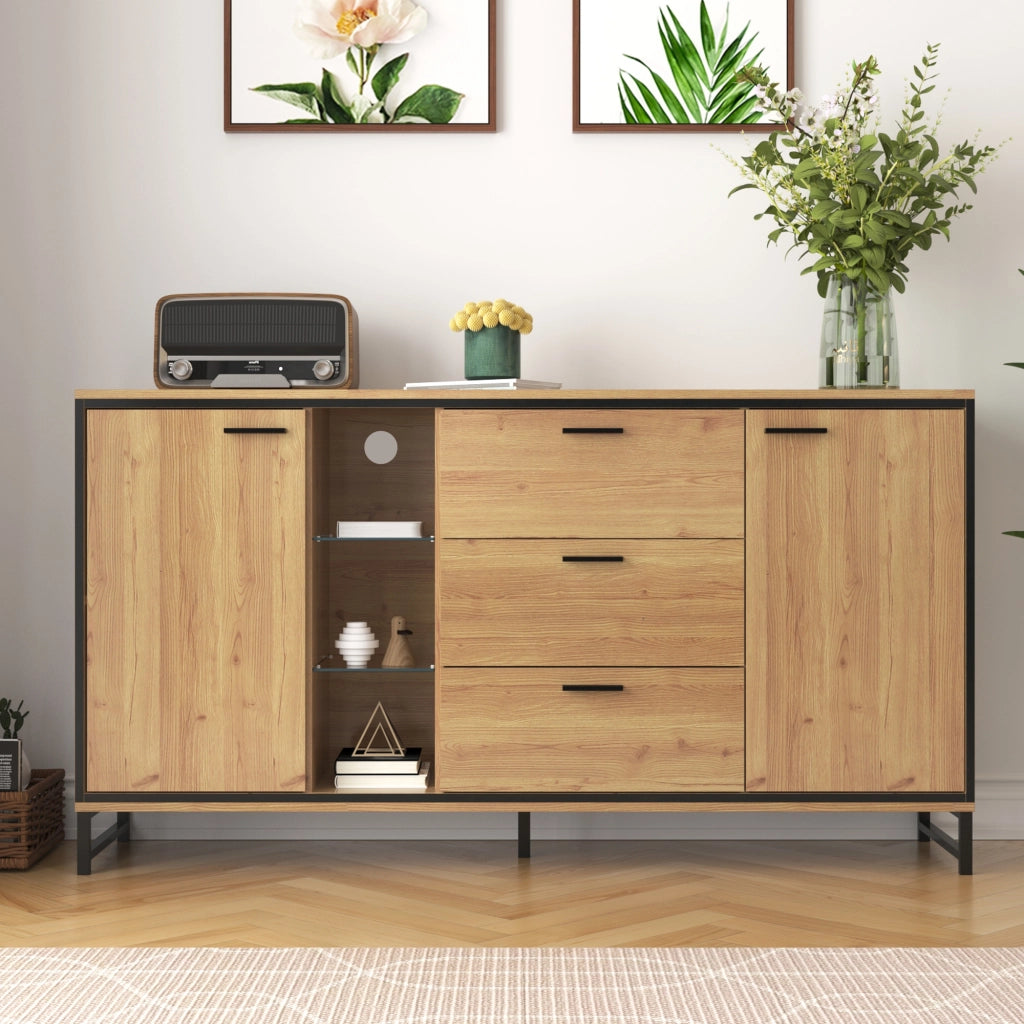 Credenza con 3 Cassetti e Vani; LED 16 Colori; Stile Moderno; in Pannello Truciolare; Naturale; 160¡Á40¡Á85 cm