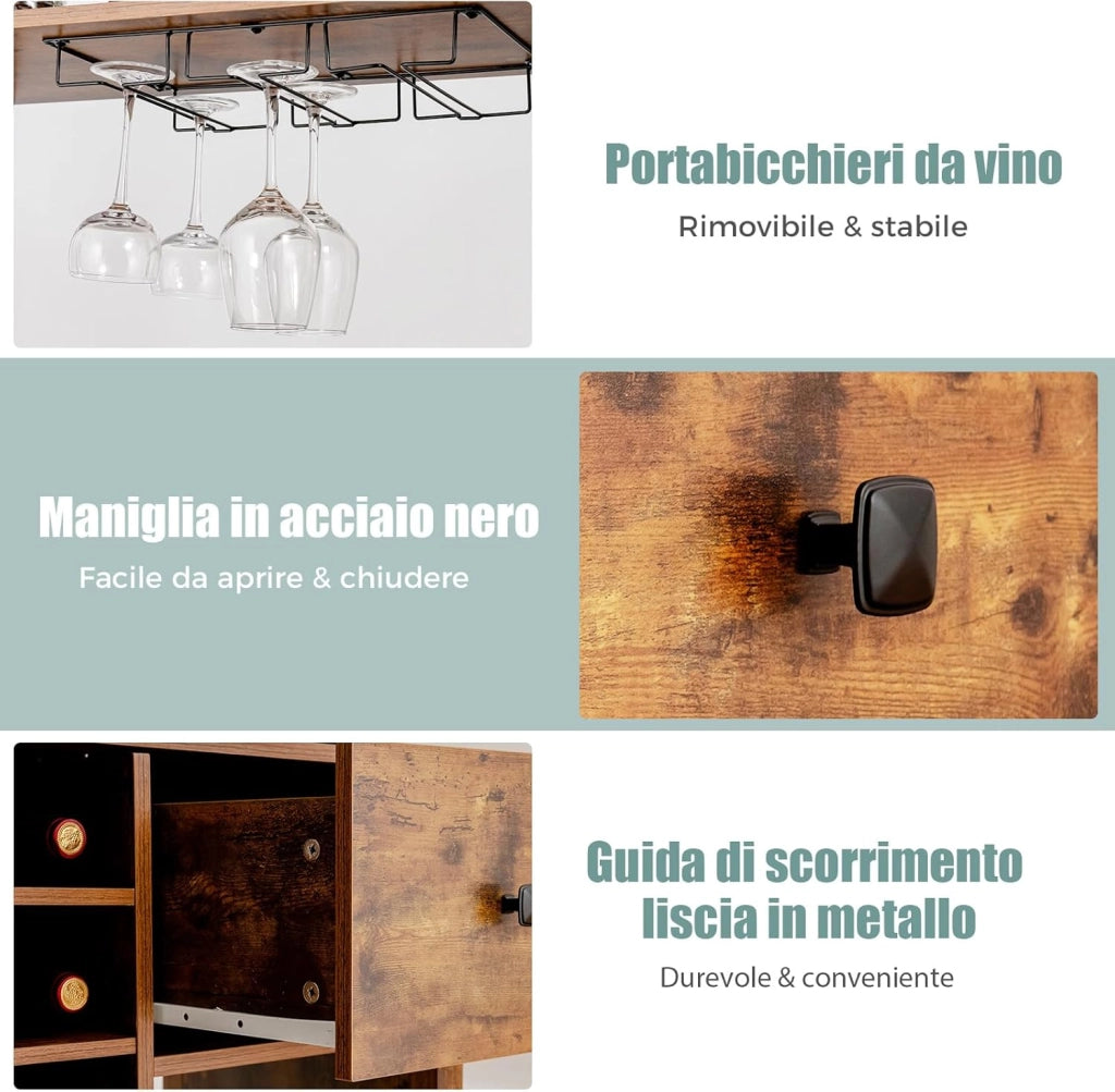 Mobile da Cucina con Cassetto, 4 Livelli Ripiani Aperti e Portabottiglie, Credenza Cucina in Legno e Metallo, per Fino a 18 Bottiglie, per Sala da Pranzo, Soggiorno, 78 x 40 x 160 cm