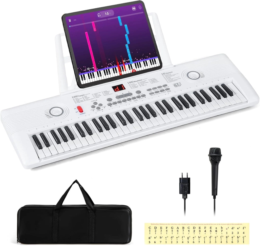 Pianoforte Digitale a 61 Tasti, Pianoforte Elettronica con Supporto, Microfono, Pianoforte Portatile con Adesivi per Tasti e Borsa da Trasporto, per Bambini e Adulti (Nero)