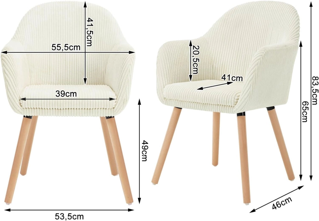 Set 2 Sedie Sala da Pranzo, Sedie Cucina, Poltroncina, Sedia Imbottita per Camera da letto Ufficio, Salotto, Seduta in Velluto a Coste, Gambe in Legno Massiccio, Crema, EZS26cm-2