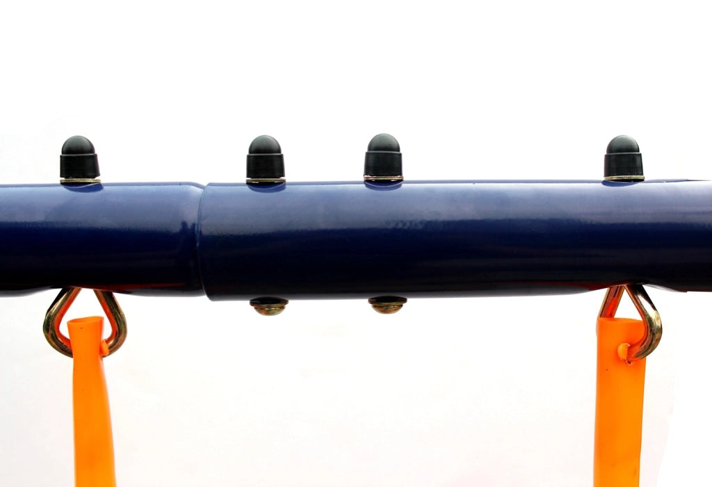 Altalena doppia per bambini in acciaio blu e verde con sedute antiscivolo per gioco sicuro