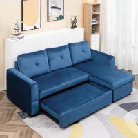 Divano Letto Angolare 3 Posti Effetto Velluto e Chaise Longue con Contenitore, 232x141x85cm, Blu