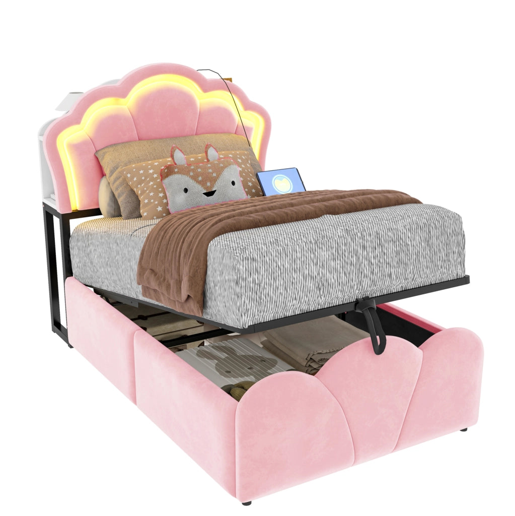 Letto imbottito 90x200 cm in velluto rosa con contenitore idraulico; LED e prese integrate