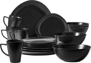 Serviesset asimmetrico moderno a 4 posti - 16 pezzi in set con tovagliolo in tessuto di cotone nero e piatti in ceramica nera