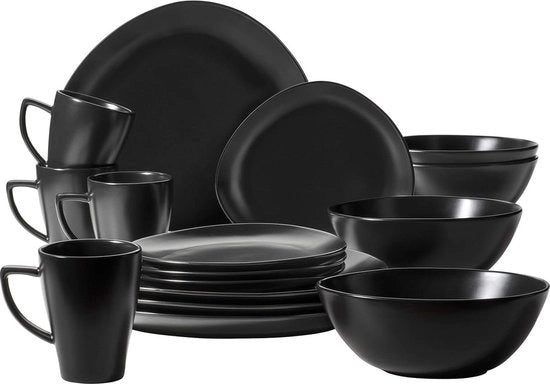 Serviesset asimmetrico moderno a 4 posti - 16 pezzi in set con tovagliolo in tessuto di cotone nero e piatti in ceramica nera