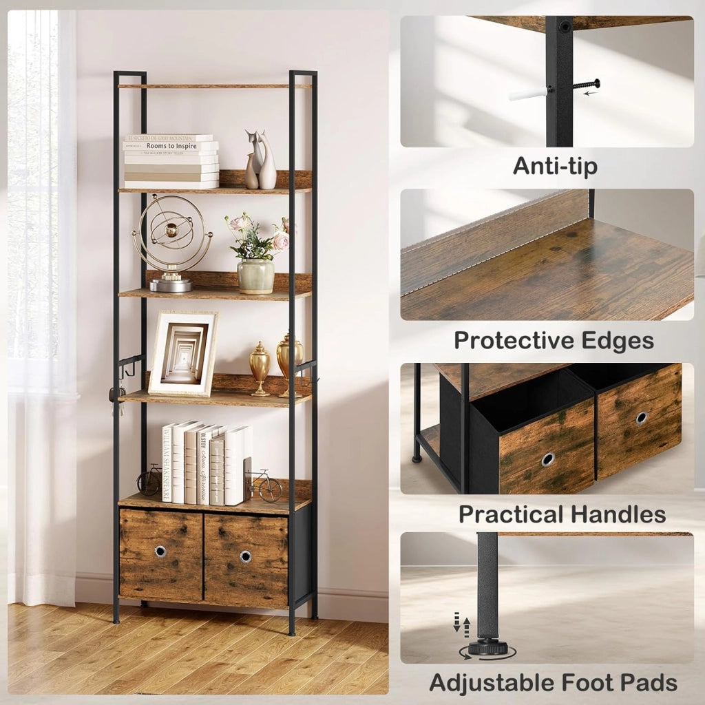 Libreria a 5 Piani con 2 Cassetti, Scaffale di Stoccaggio a Pavimento, Industriale, Struttura in Acciaio, Soggiorno/Ufficio/Studio/Cucina/Camera da Letto, Marrone Rustico+Nero, RGB62vbn