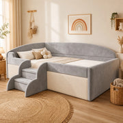Letto imbottito per bambini 90 x 190 cm con gradini e sponde; velluto grigio