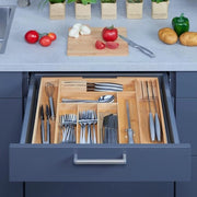 Cassetta di stoccaggio per posate in bambù estendibile con blocchi di coltelli - 6-8 contenitori - HBD 5x52x43 cm - organizzatore per posate in legno naturale