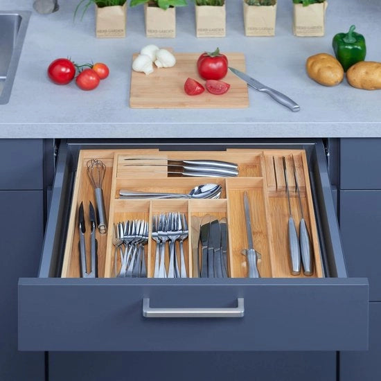 Cassetta di stoccaggio per posate in bambù estendibile con blocchi di coltelli - 6-8 contenitori - HBD 5x52x43 cm - organizzatore per posate in legno naturale