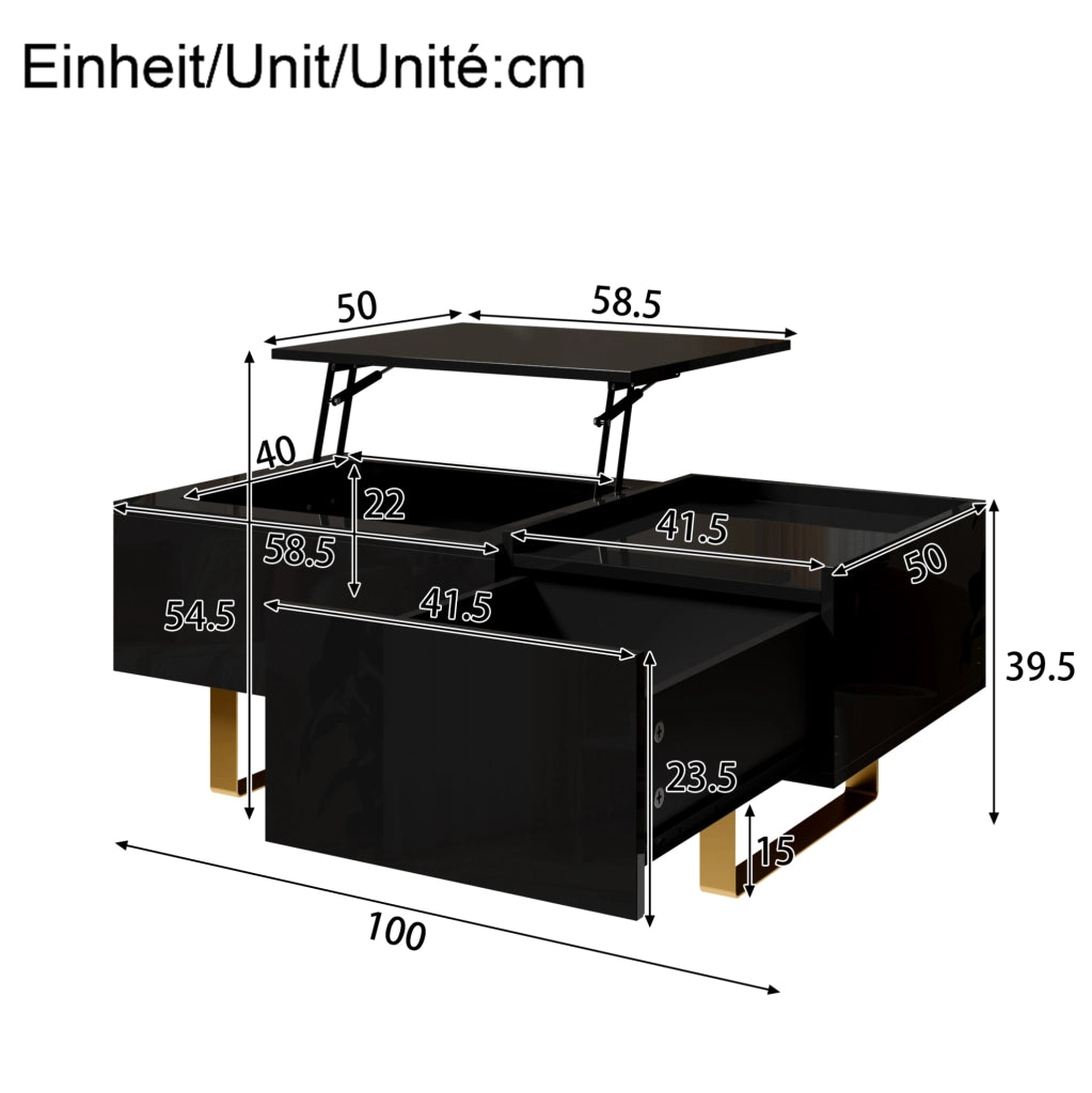Tavolino da caffè rettangolare con piano alzabile idraulico e cassetto; 100x50x54;5 cm; MDF nero lucido