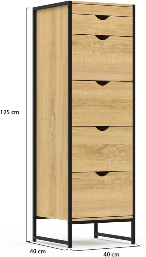DETROIT Cómoda 5 cajones + 1 espejo 40 cm mueble recibidor de diseño industrial