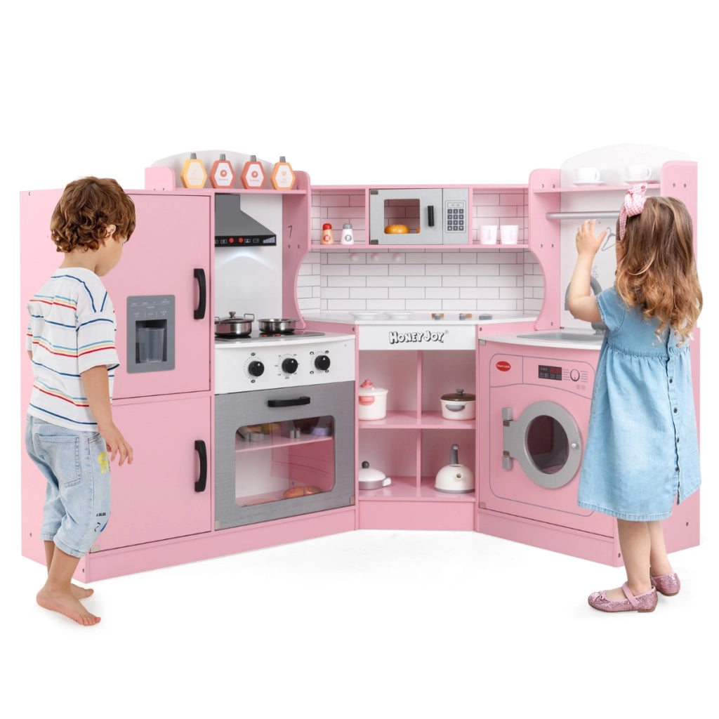 Cucina giocattolo d'angolo per bambini con macchina di ghiaccio, Cucina giocattolo con microonde e forno Rosa