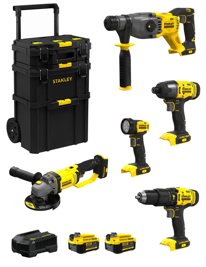 STANLEY FatMax Kit SVK501 (SFMCH900  + SFMCG400  + SFMCD711 + SFMCF800 + SFMCL020 + 2 x 4,0 Ah + Caricabatteria + Caddy 3in1)
