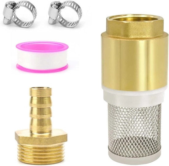 Terzaghi Plus - Valvola di Ritorno Acqua 3/4 Pollici Filtro Aspirante - Filtro in Acciaio Inox - Valvola a Piede in Ottone - Manometro - Connettore per Pompaggio - Cintura di Filtro per Tubi Aspiranti