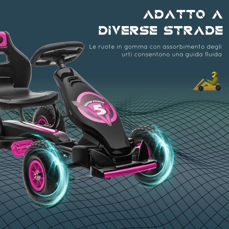 GO KART A PEDALI PER BAMBINI 5-12 ANNI CON SEDILE REGOLABILE, IN METALLO E PP 121X58X61 CM, ROSA E NERO
