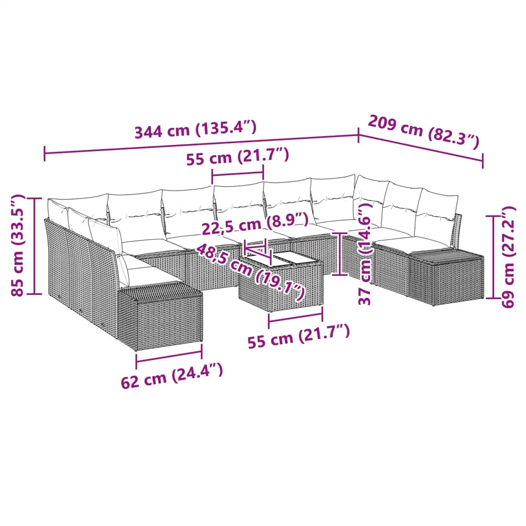 Set Divano da Giardino con cuscino 11 pcs Marrone polyrattan