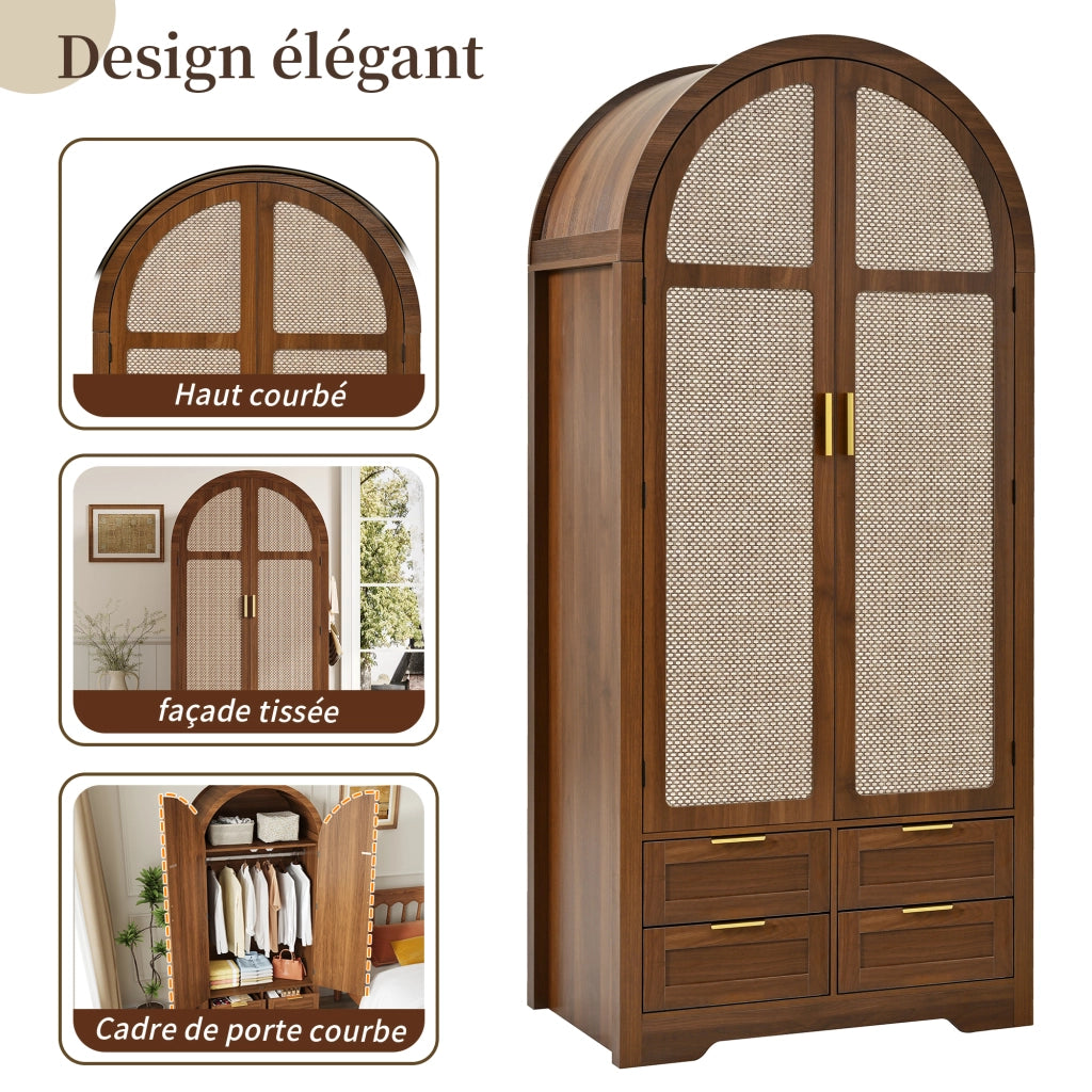 Armadio con ante curve in rattan e cassetto, asta appendiabiti, per camera da letto e ingresso, MDF, noce, 80 × 50 × 179 cm