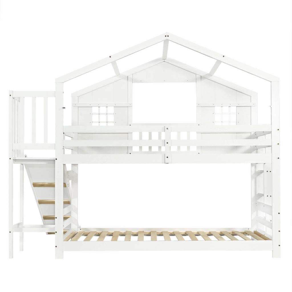 Letto a Castello con Scivolo e Finestre ¨C MINIMAL ¨C Pino/MDF, Bianco, 90x200