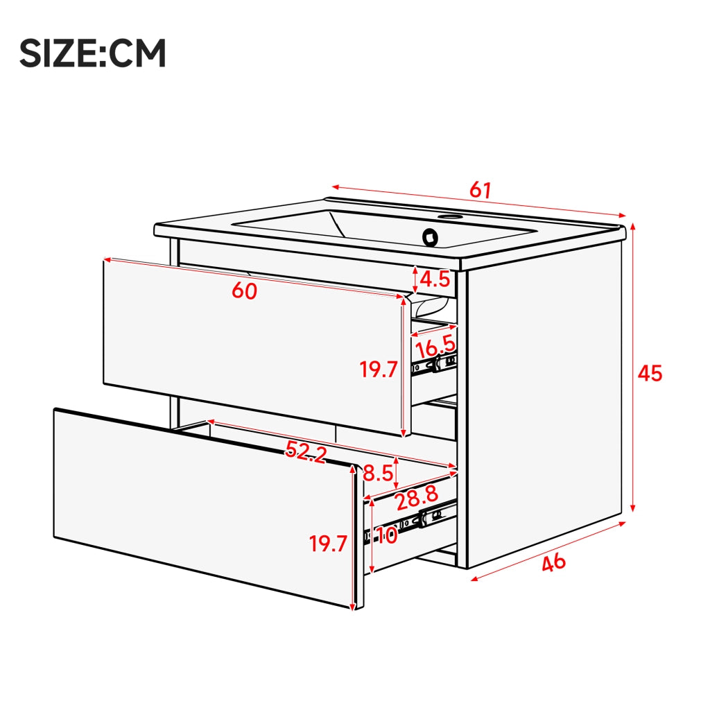 Mobile Bagno Sospeso con Lavabo Integrato e LED ¨C MINIMAL ¨C Bianco, 2 Cassetti, 61x46x45 cm