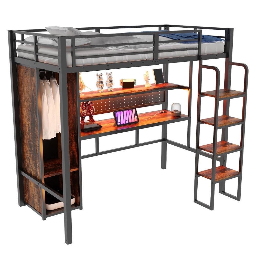 Letto a Soppalco con Scrivania, LED e Scaffale ¨C Xylo ¨C Metallo Nero 90x200