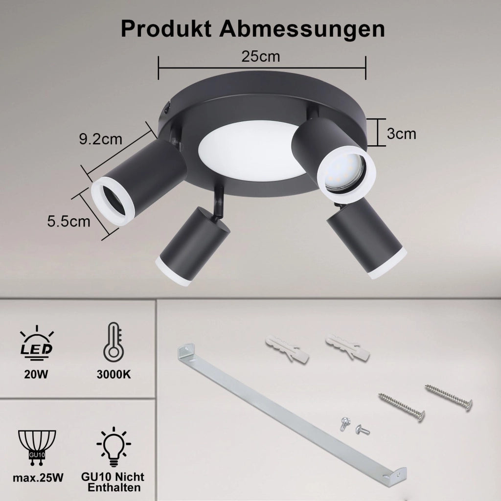 ZMH Faretto da soffitto 4 lampadine GU10 20W camera 3000k nero Girevole Orientabile metallo 350°