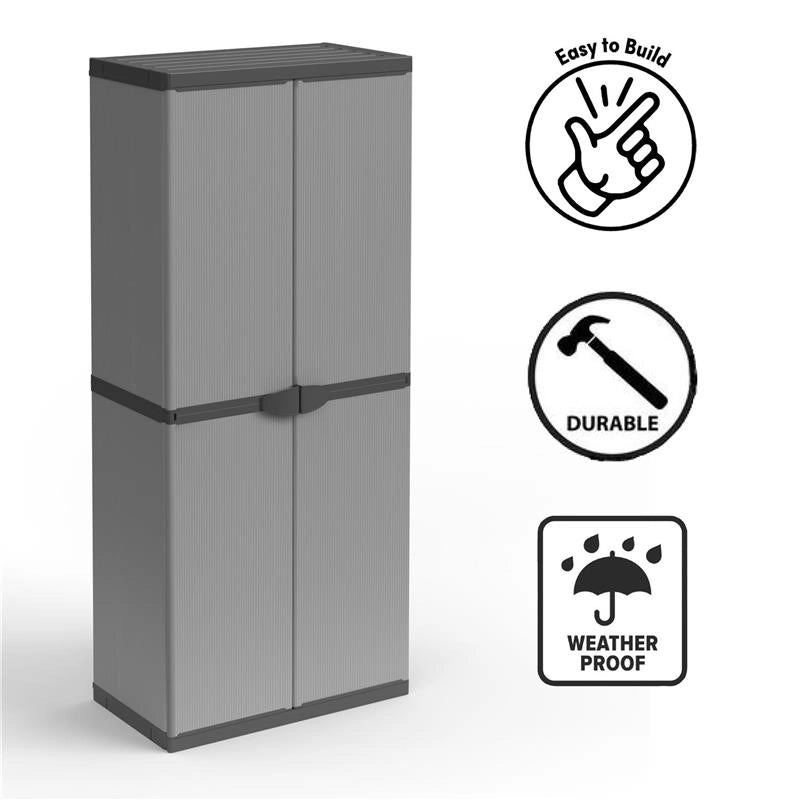 ARMADIO PORTASCOPE IN RESINA 2 ANTE RIPIANI REGOLABILI PER INTERNO E ESTERNO 68X40X165 CM GRIGIO SCURO