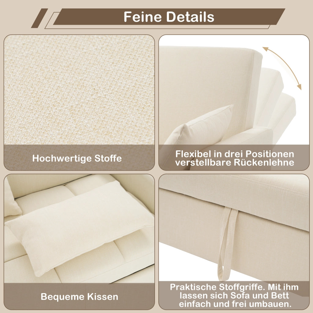 OKWISH Divano Letto 2 Posti, Schienale Regolabile in 3 Posizioni con 2 Cuscini, Meccanismo Scorrevole, Lino Cotone, Beige