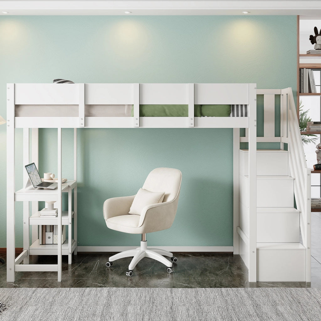 OKWISH Letto a Soppalco 90×200 cm, Letto Singolo con Scala Contenitore, Mensola e Sponde, senza Materasso, in Legno, Bianco