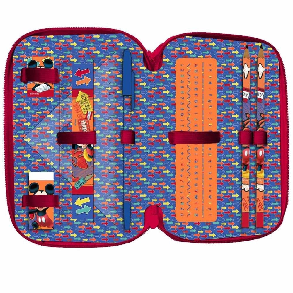 Trade Shop - Astuccio Portapastelli Scuola 3 Zip Topolino Accessoriato Pastelli Pennarelli -