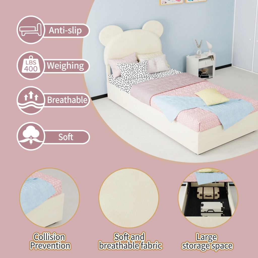 DESMIU Letto per bambini 90 × 200 cm 1 posto con vano contenitore, testiera, senza materasso, beige