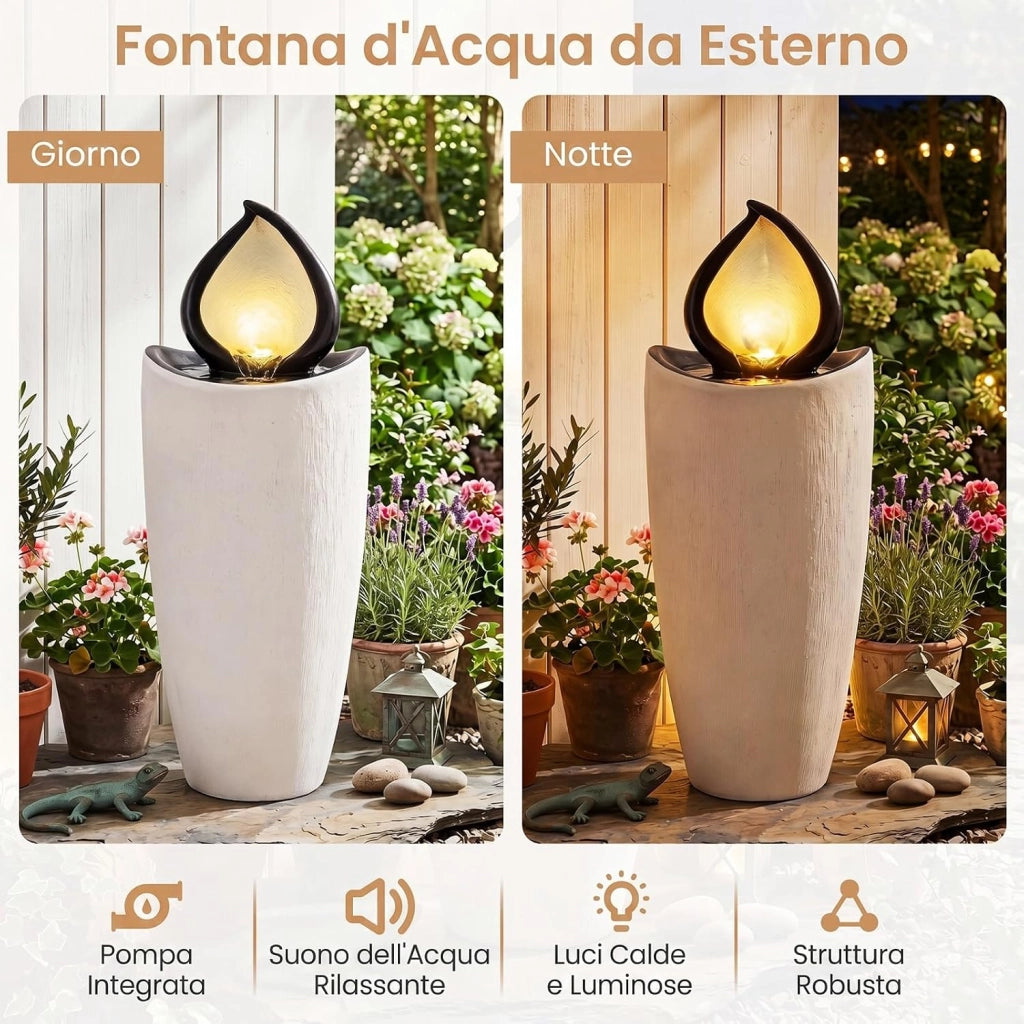 Fontana da Giardino con Luci, Fontanella Decorativa con Pompa e 4 Luci LED, Effetto Pietra, Sistema di Acqua Circolante da Esterno, Fontana Resistente in Resina per Cortile e Terrazzo