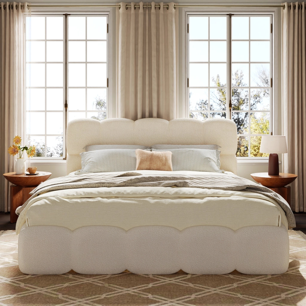 Letto matrimoniale 160x200 cm con contenitore idraulico, rete inclusa, boucl¨¦ bianco