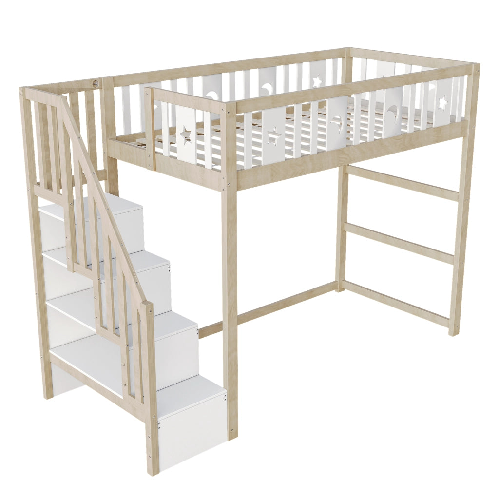 Letto a soppalco 90×200 cm con scala e ripiani; sponde con stelle e luna; senza materasso; legno; bianco