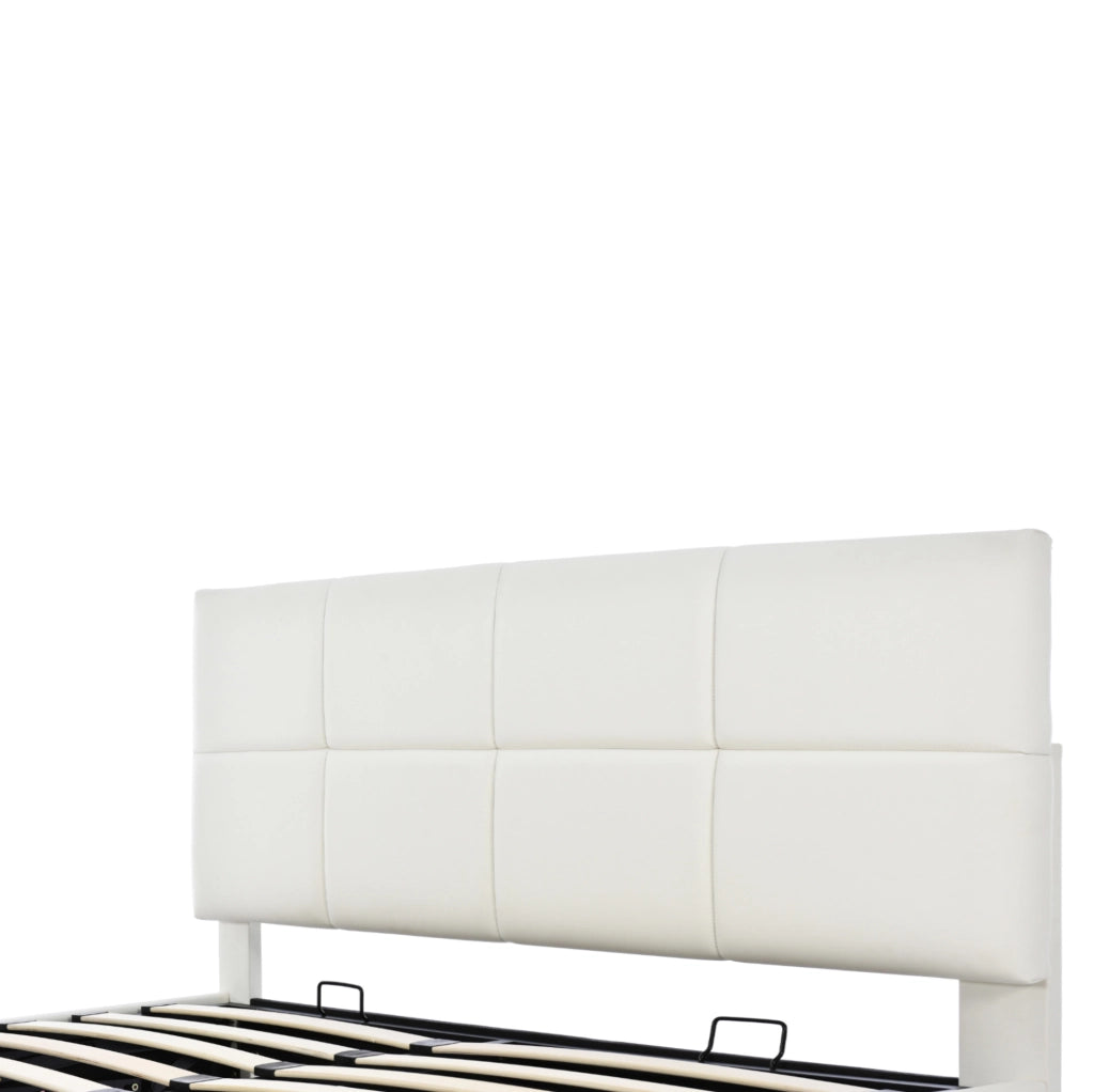 Letto imbottito 160x200 cm con LED; contenitore; struttura in metallo; bianco