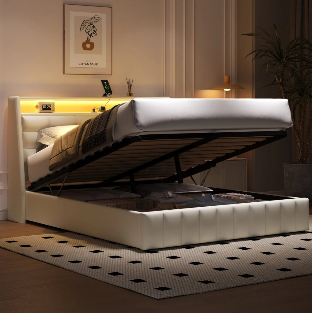 LETTO piattaforma 160x200 cm bianco con LED, USB, contenitore e schienale regolabile
