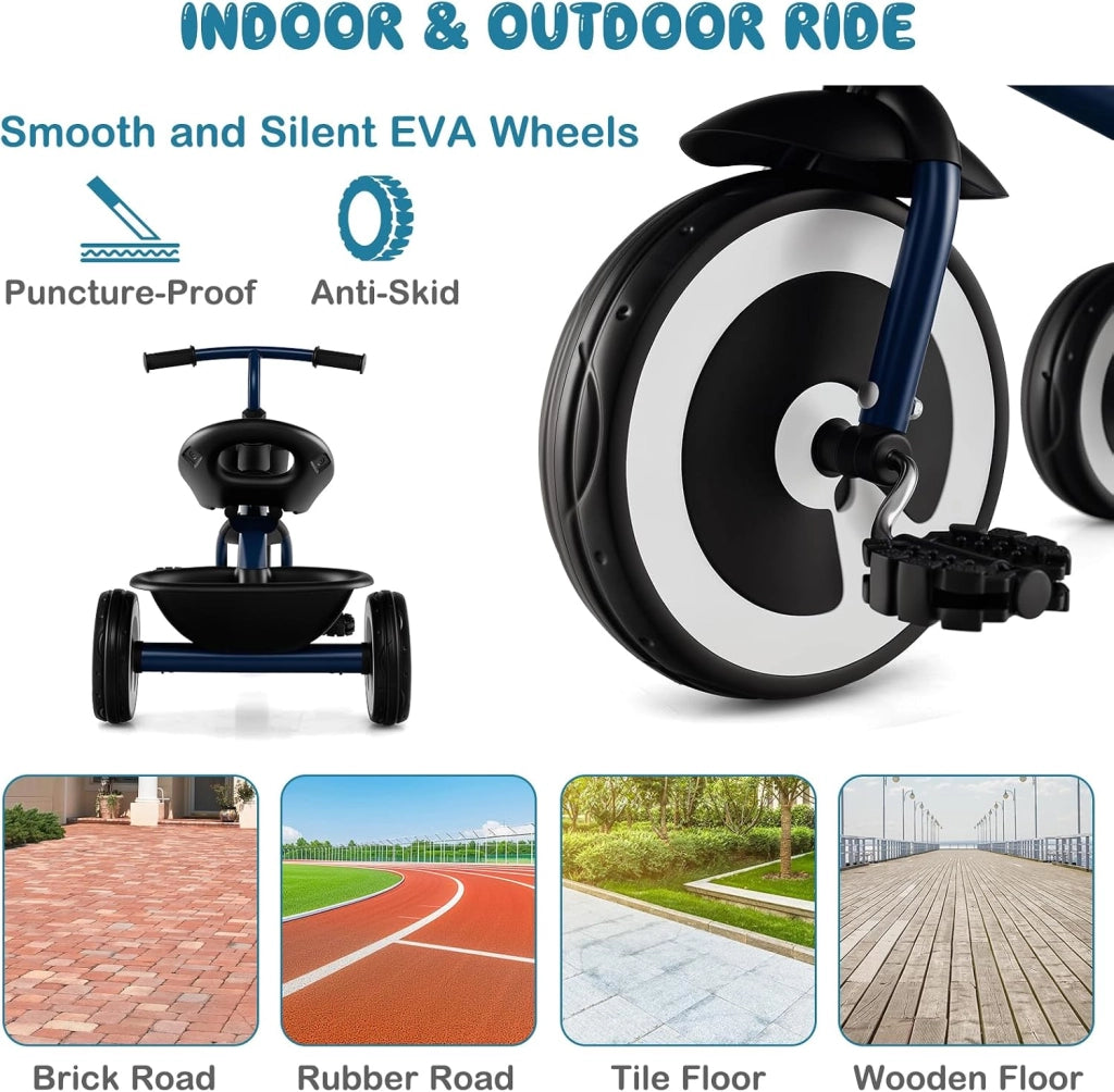 Triciclo Bambino 1-5 Anni, Triciclo Evolutivo con Sedile Comodo Regolabile in 2 Posizioni, Struttura a Triangolo Stabile, 2 Cestini di Stoccaggio, Ruote Antiscivolo, Carico 25 KG (Blu Scuro)