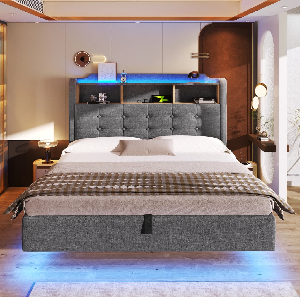 Letto imbottito 140x200 cm con LED, vano contenitore idraulico e prese USB