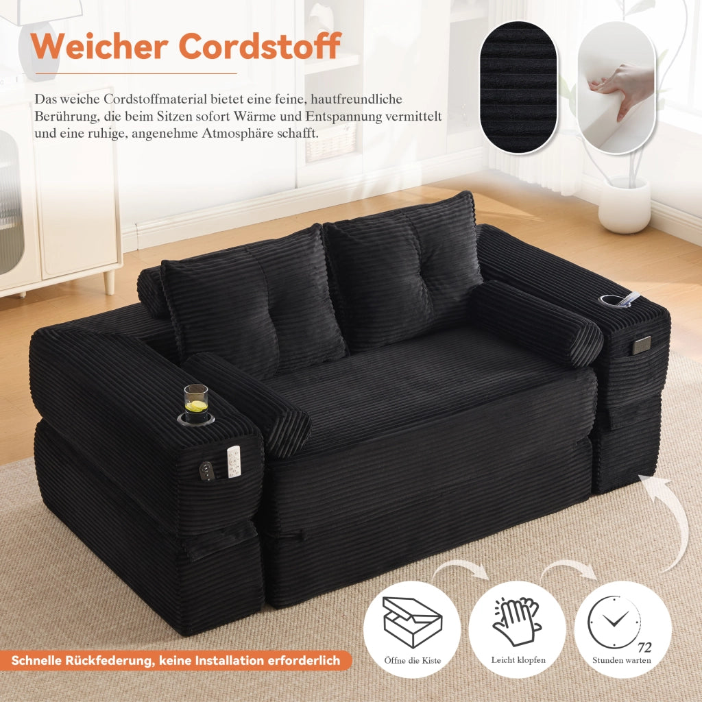 Divano convertibile 2 posti in corduroy con cuscini memory, tasche laterali e portabicchieri nero