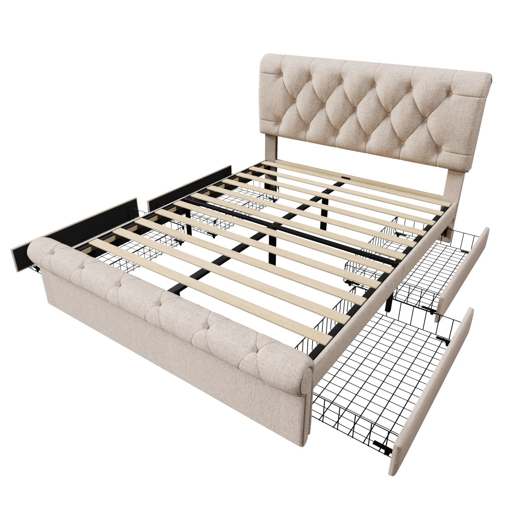 Letto matrimoniale imbottito 140x200 cm con 4 cassetti, testiera regolabile, colore naturale