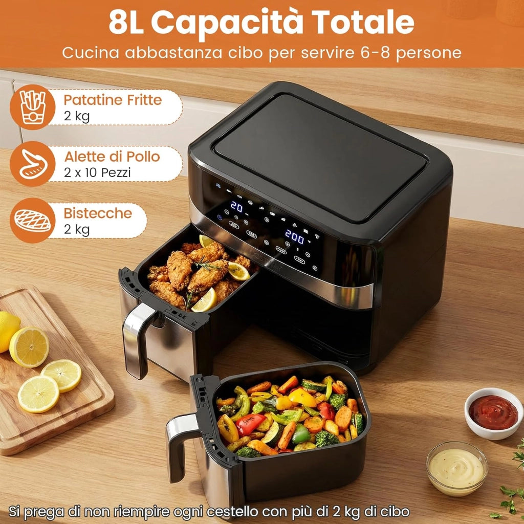 8L Friggitrice ad Aria, 2100W 10 in 1 Friggitrice a Doppio Cestello con Aria Calda a 360°, Timer, Touchscreen Digitale, 40-200℃, Lavabile in Lavastoviglie