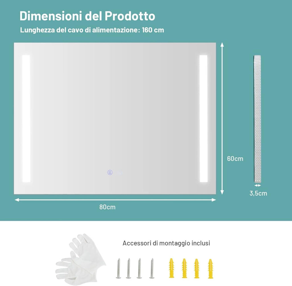 Specchio da Bagno a LED 80x60 cm, Specchio a Parete con Luminosità Regolabile, 3 Colore, Funzione Anti Appannamento e Memoria, Specchio Illuminato