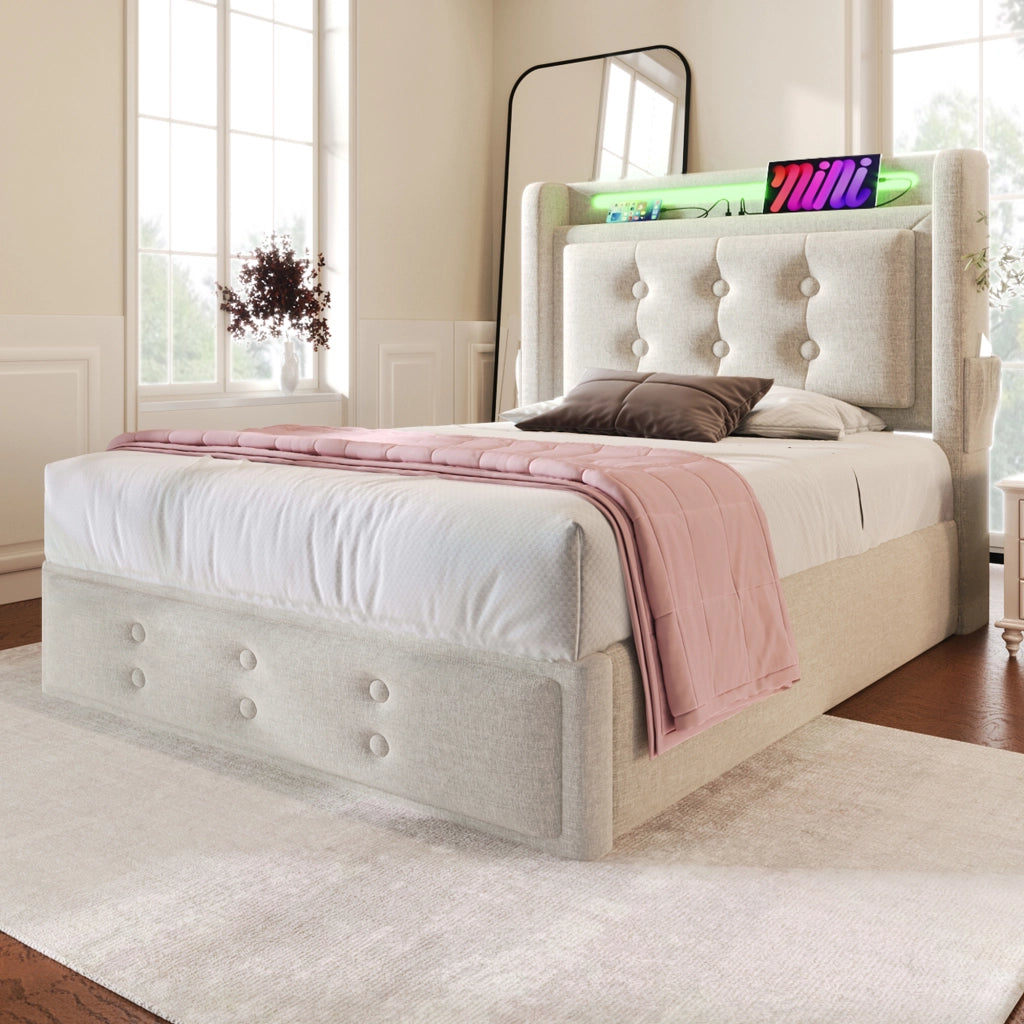 Letto Contenitore Letto Singolo 90×200 cm con USB; USB-C e LED; senza Materasso; Beige