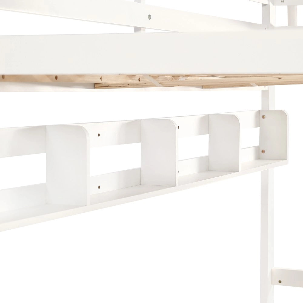 Letto a Castello Estraibile con Scaffali e Scala ¨C MINIMAL ¨C Pino/MDF, Bianco, 90x200
