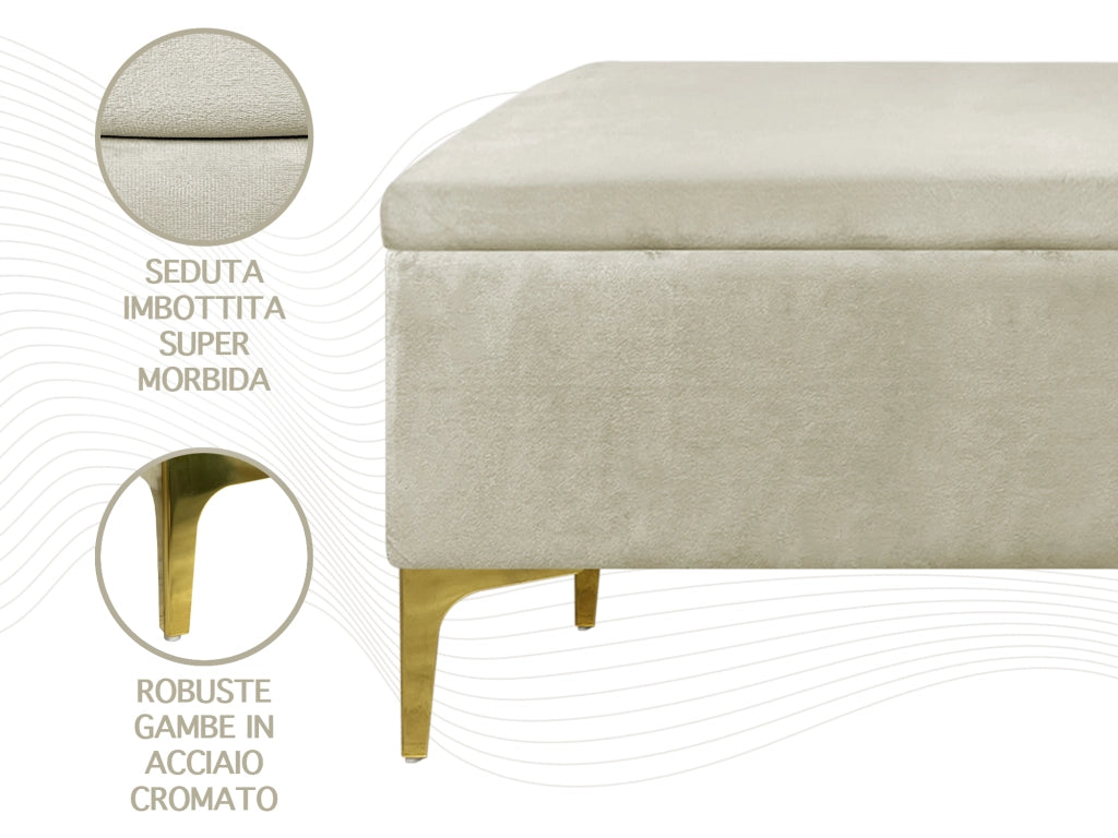 Pouf Panca Imbottita Divanetto In Velluto Contenitore PortaOggetti Panca Sgabello A Pie Di Letto Con Gambe In Metallo Dorato Cassapanca Ingresso Legno Massello Panchina  - Beige