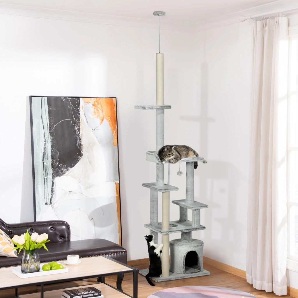 Albero Tiragraffi per Gatti a Soffitto con Piattaforme e Casetta ¨C zephmum ¨C Grigio 60x40x225-255cm
