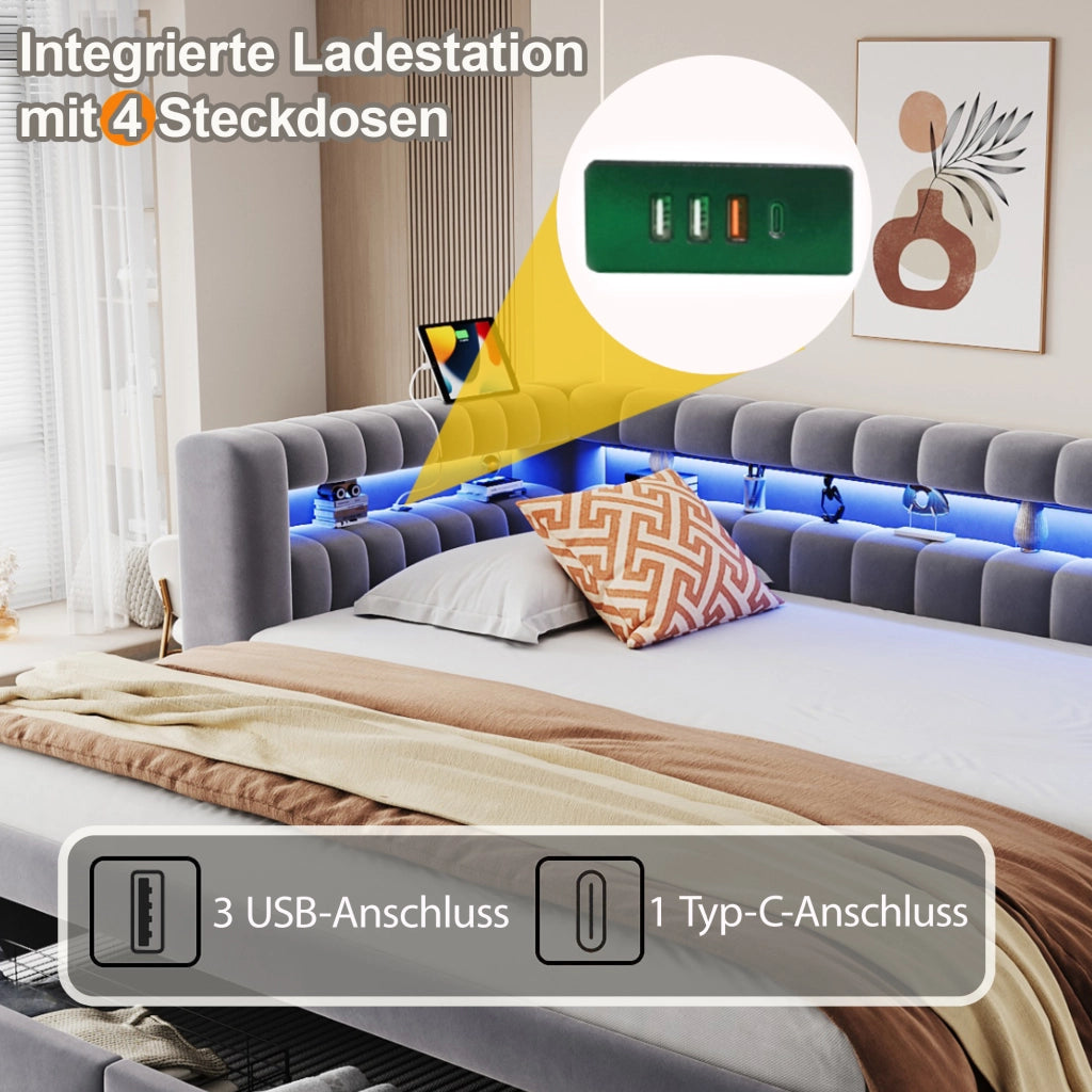 DESMIU Divano letto 90 × 190 cm 1 posto con cassetti, vani portaoggetti, LED, USB e Type-C, senza materasso, grigio