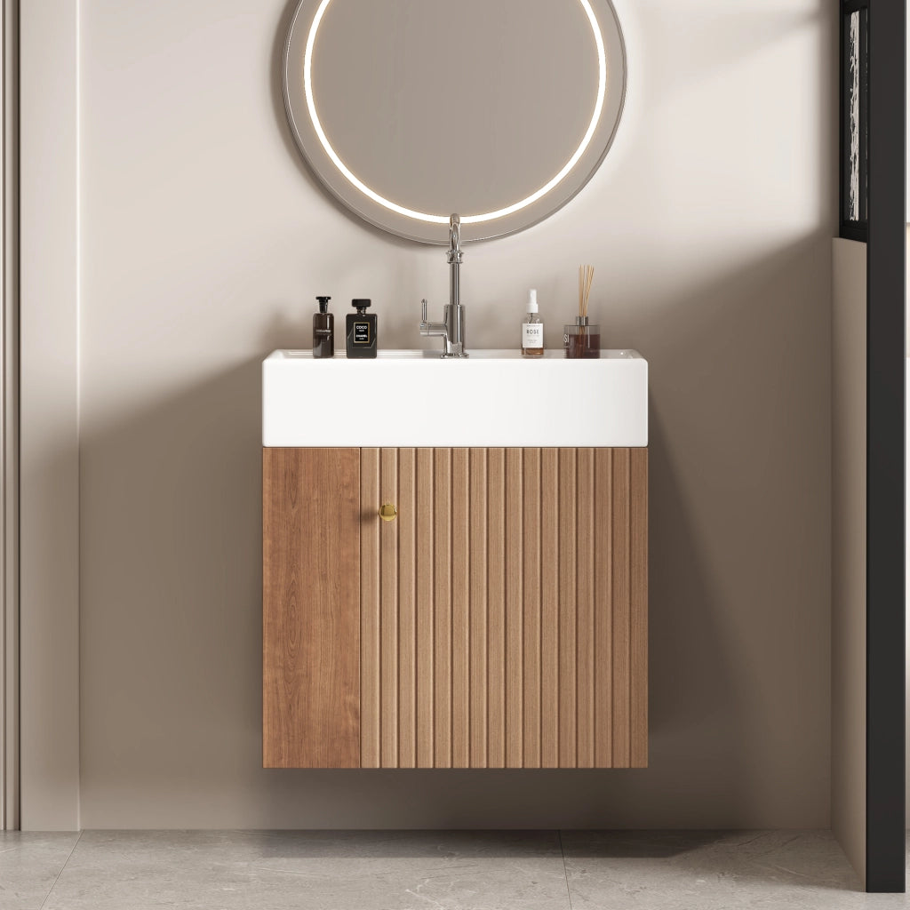 Armadietto da bagno con lavabo, ripiani laterali e chiusura ammortizzata, per bagno piccolo, marrone 69 × 52 × 32 cm
