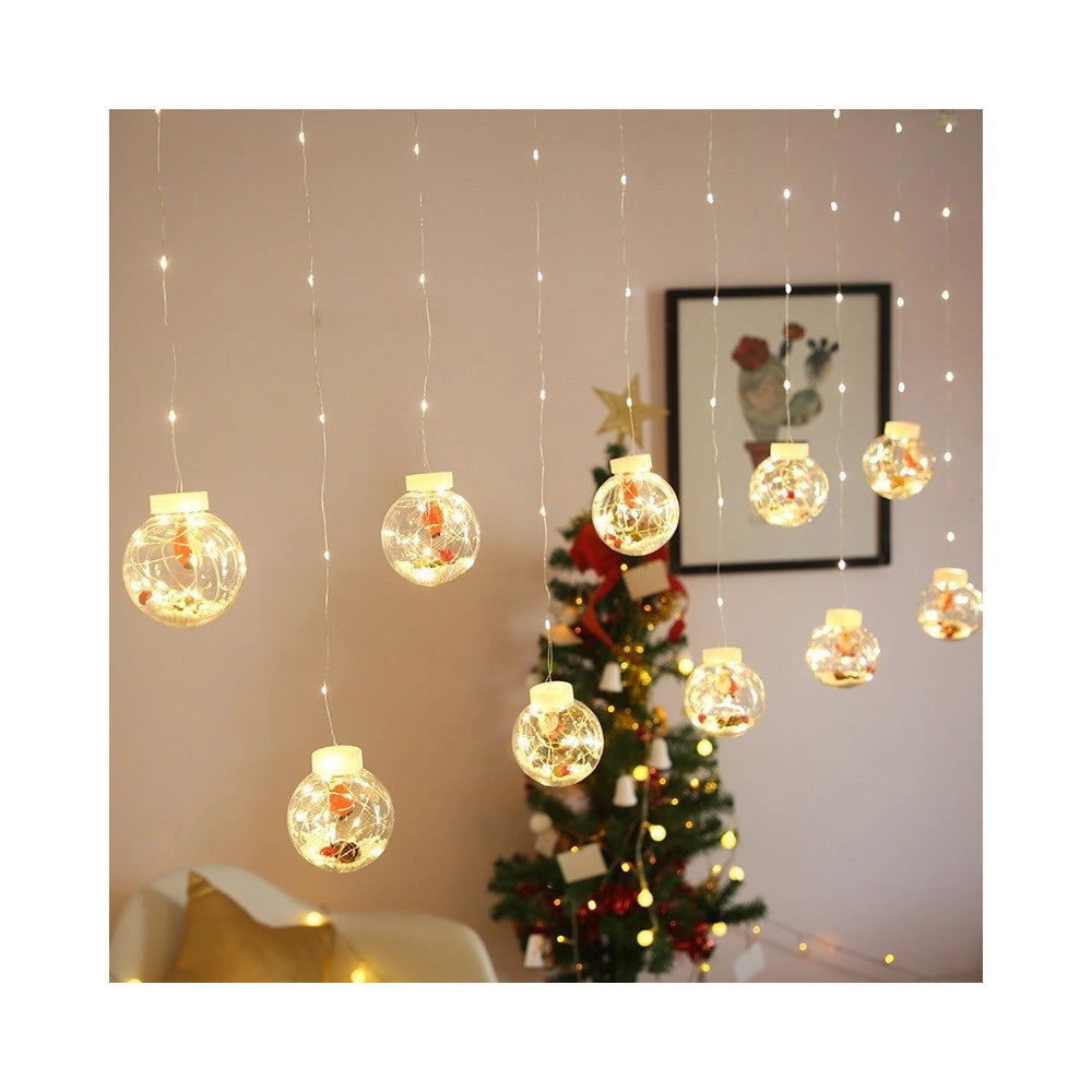 Trade Shop - Tenda Luminosa 10 Palline Di Natale 3 Metri Con Neve Luce Led Calda Fredda Rgb -